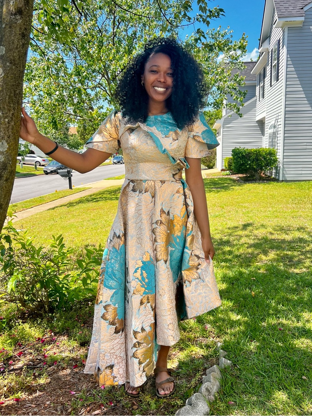 Teal and Gold Asymmetrical Floral Midi Dress with Side Wrap